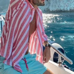 Men's Shirt Linen Shirt Summer Shirt Beach Shirt Cotton Linen Shirt Striped Shirts Striped Vacation Hawaiian Yellow Red Blue Green Long Sleeve Turndown Spring & Fall Clothing Apparel Button-Down