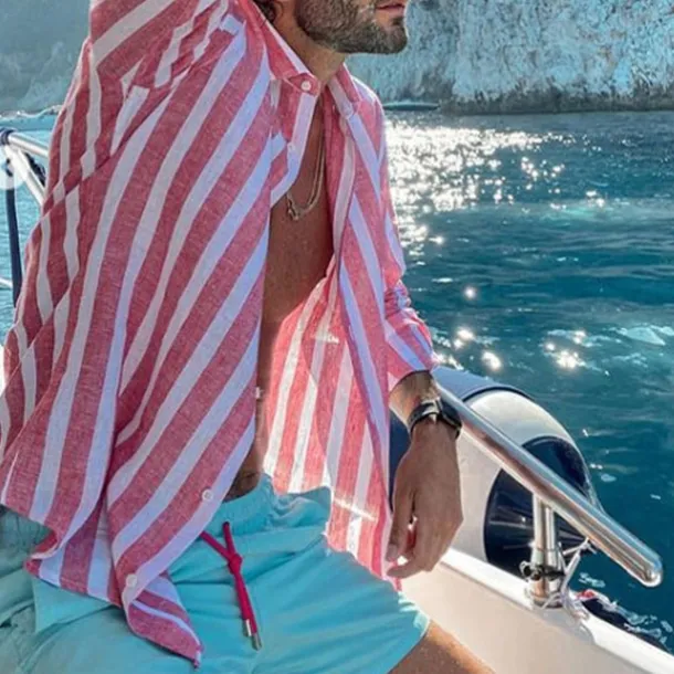 Men's Shirt Linen Shirt Summer Shirt Beach Shirt Cotton Linen Shirt Striped Shirts Striped Vacation Hawaiian Yellow Red Blue Green Long Sleeve Turndown Spring & Fall Clothing Apparel Button-Down