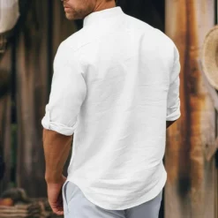 Men's Shirt Linen Shirt Summer Shirt White Long Sleeve Solid Color Standing Collar Spring & Summer Street Daily Clothing Apparel