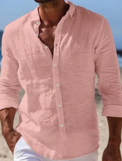 Men's Shirt Linen Shirt Summer Shirt Beach Wear Button Up Shirt Plain Casual Daily Black White Pink Navy Blue Long Sleeve Turndown Spring & Summer Clothing Apparel