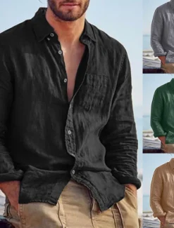 Men's Shirt Linen Shirt Summer Shirt Beach Shirt Untucked Shirts Solid Color Outdoor Vacation Black Brown Green Khaki Long Sleeve Turndown Spring & Fall Clothing Apparel Button-Down
