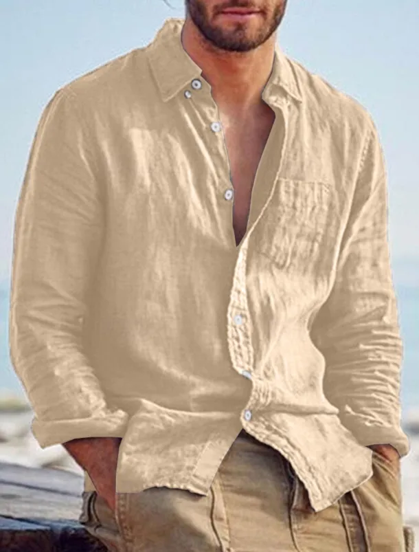 Men's Shirt Linen Shirt Summer Shirt Beach Shirt Untucked Shirts Solid Color Outdoor Vacation Black Brown Green Khaki Long Sleeve Turndown Spring & Fall Clothing Apparel Button-Down