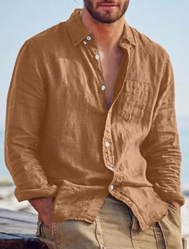 Men's Shirt Linen Shirt Summer Shirt Beach Shirt Untucked Shirts Solid Color Outdoor Vacation Black Brown Green Khaki Long Sleeve Turndown Spring & Fall Clothing Apparel Button-Down