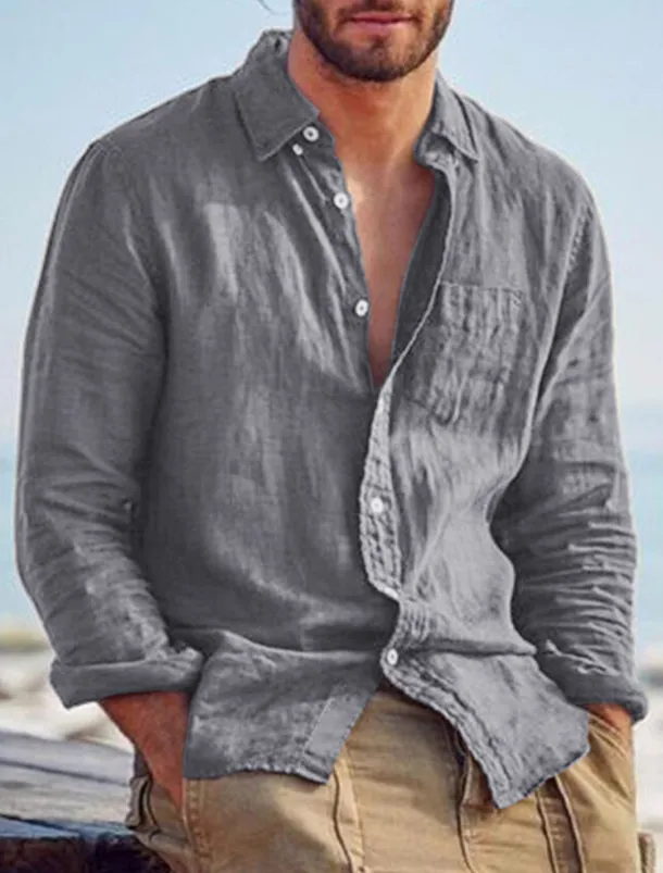 Men's Shirt Linen Shirt Summer Shirt Beach Shirt Untucked Shirts Solid Color Outdoor Vacation Black Brown Green Khaki Long Sleeve Turndown Spring & Fall Clothing Apparel Button-Down