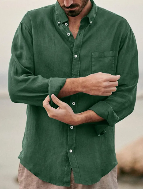 Men's Shirt Linen Shirt Summer Shirt Beach Shirt Untucked Shirts Solid Color Outdoor Vacation Black Brown Green Khaki Long Sleeve Turndown Spring & Fall Clothing Apparel Button-Down