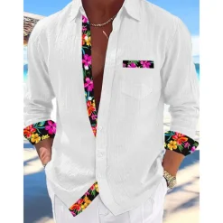 Men's Shirt Linen Shirt Summer Shirt Beach Wear Button Up Shirt Plain Vacation Curise Black White Pink Blue Long Sleeve Collar Spring & Summer Clothing Apparel