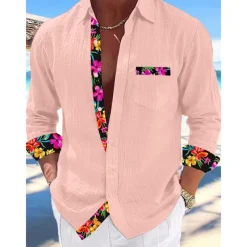Men's Shirt Linen Shirt Summer Shirt Beach Wear Button Up Shirt Plain Vacation Curise Black White Pink Blue Long Sleeve Collar Spring & Summer Clothing Apparel