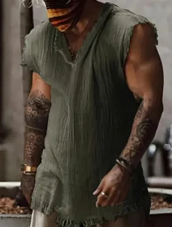 Men's Shirt Linen Shirt Viking Style Summer Shirt Beach Wear Plain Vacation Hawaiian White Wine Blue Dark Grey Sleeveless V Neck Summer Clothing Apparel