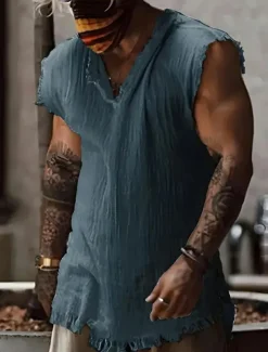 Men's Shirt Linen Shirt Viking Style Summer Shirt Beach Wear Plain Vacation Hawaiian White Wine Blue Dark Grey Sleeveless V Neck Summer Clothing Apparel