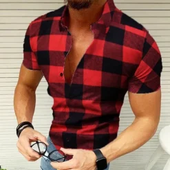 Men's Shirt Popover Shirt Summer Shirt Button Up Shirt Plaid Shirt Wine Black Yellow Red Green Short Sleeve Graphic Plaid / Check Lattice Turndown Hot Stamping Street Casual Print Clothing Apparel