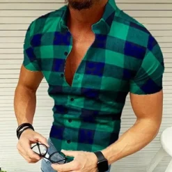 Men's Shirt Popover Shirt Summer Shirt Button Up Shirt Plaid Shirt Wine Black Yellow Red Green Short Sleeve Graphic Plaid / Check Lattice Turndown Hot Stamping Street Casual Print Clothing Apparel