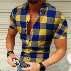 Men's Shirt Popover Shirt Summer Shirt Button Up Shirt Plaid Shirt Wine Black Yellow Red Green Short Sleeve Graphic Plaid / Check Lattice Turndown Hot Stamping Street Casual Print Clothing Apparel