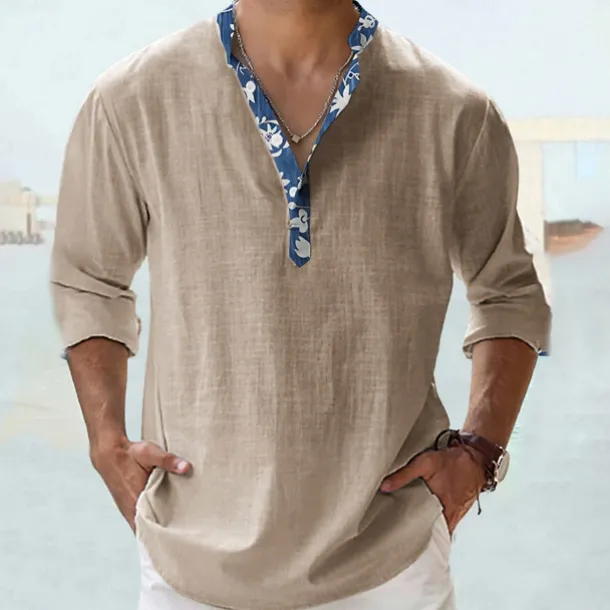 Men's Shirt Popover Shirt Summer Shirt Casual Shirt Beach Shirt Black White Pink Orange Green Long Sleeve Floral Print Solid / Plain Color Band Collar Henley Vacation Hawaiian Buckle Clothing Apparel