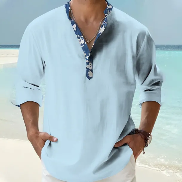 Men's Shirt Popover Shirt Summer Shirt Casual Shirt Beach Shirt Black White Pink Orange Green Long Sleeve Floral Print Solid / Plain Color Band Collar Henley Vacation Hawaiian Buckle Clothing Apparel