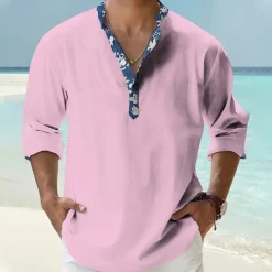 Men's Shirt Popover Shirt Summer Shirt Casual Shirt Beach Shirt Black White Pink Orange Green Long Sleeve Floral Print Solid / Plain Color Band Collar Henley Vacation Hawaiian Buckle Clothing Apparel