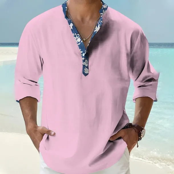 Men's Shirt Popover Shirt Summer Shirt Casual Shirt Beach Shirt Black White Pink Orange Green Long Sleeve Floral Print Solid / Plain Color Band Collar Henley Vacation Hawaiian Buckle Clothing Apparel