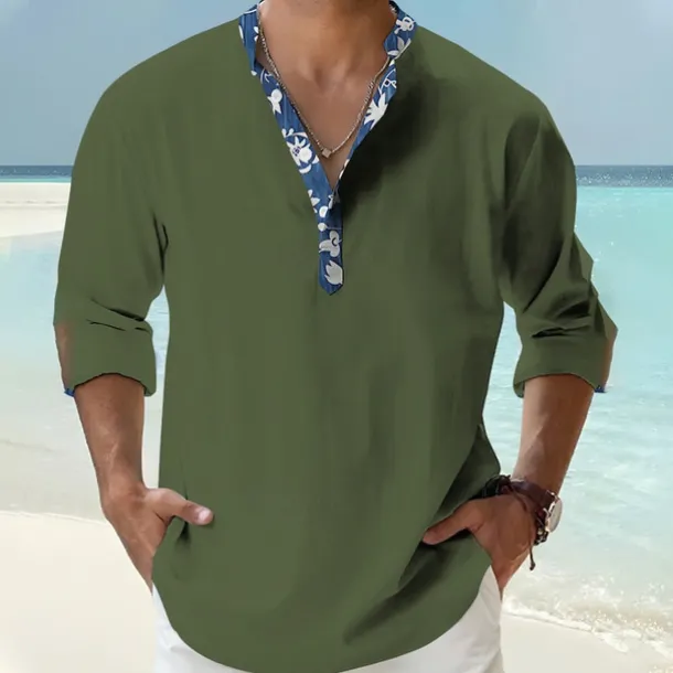 Men's Shirt Popover Shirt Summer Shirt Casual Shirt Beach Shirt Black White Pink Orange Green Long Sleeve Floral Print Solid / Plain Color Band Collar Henley Vacation Hawaiian Buckle Clothing Apparel