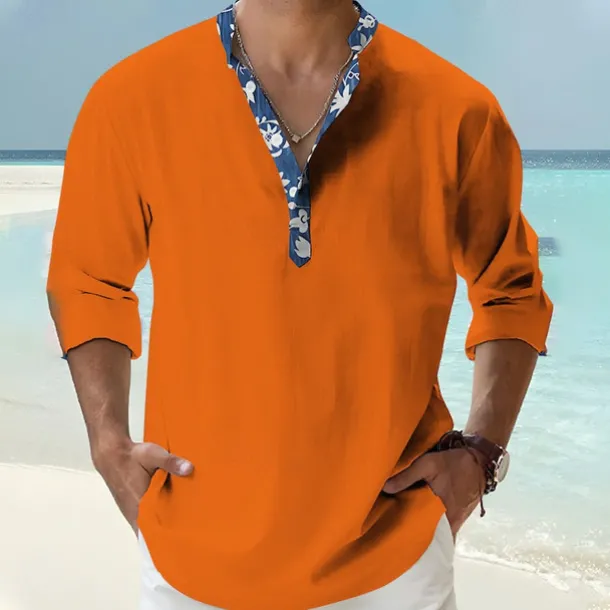 Men's Shirt Popover Shirt Summer Shirt Casual Shirt Beach Shirt Black White Pink Orange Green Long Sleeve Floral Print Solid / Plain Color Band Collar Henley Vacation Hawaiian Buckle Clothing Apparel