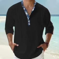 Men's Shirt Popover Shirt Summer Shirt Casual Shirt Beach Shirt Black White Pink Orange Green Long Sleeve Floral Print Solid / Plain Color Band Collar Henley Vacation Hawaiian Buckle Clothing Apparel