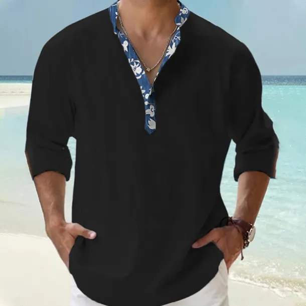 Men's Shirt Popover Shirt Summer Shirt Casual Shirt Beach Shirt Black White Pink Orange Green Long Sleeve Floral Print Solid / Plain Color Band Collar Henley Vacation Hawaiian Buckle Clothing Apparel