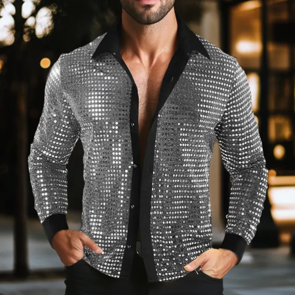 Men's Shirt Prom Shirt Disco Shirt Silver Black Gold Long Sleeve Sequin Collar Performance Party Evening Wear Sequins Clothing Apparel Fashion Casual