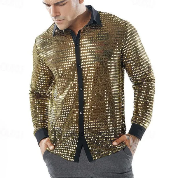 Men's Shirt Prom Shirt Disco Shirt Silver Black Gold Long Sleeve Sequin Collar Performance Party Evening Wear Sequins Clothing Apparel Fashion Casual