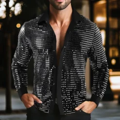 Men's Shirt Prom Shirt Disco Shirt Silver Black Gold Long Sleeve Sequin Collar Performance Party Evening Wear Sequins Clothing Apparel Fashion Casual