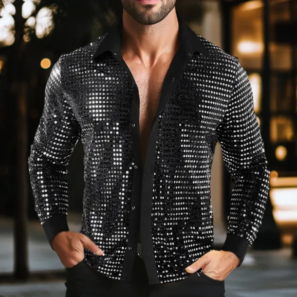 Men's Shirt Prom Shirt Disco Shirt Silver Black Gold Long Sleeve Sequin Collar Performance Party Evening Wear Sequins Clothing Apparel Fashion Casual