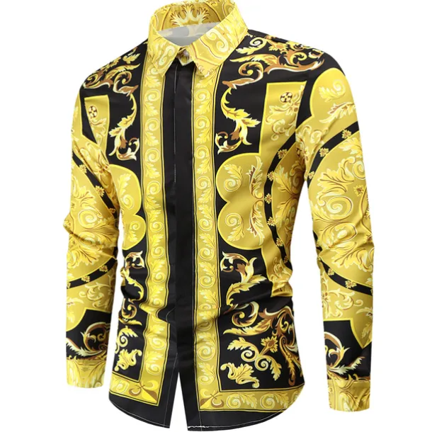 Men's Shirt Prom Shirt Geometric Holiday Beach Yellow Orange Gold Long Sleeve Classic Collar Spring & Fall Clothing Apparel Print