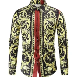 Men's Shirt Prom Shirt Geometric Holiday Beach Yellow Orange Gold Long Sleeve Classic Collar Spring & Fall Clothing Apparel Print