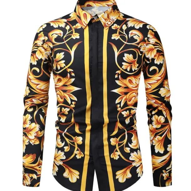 Men's Shirt Prom Shirt Geometric Holiday Beach Yellow Orange Gold Long Sleeve Classic Collar Spring & Fall Clothing Apparel Print