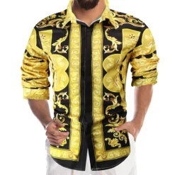 Men's Shirt Prom Shirt Geometric Holiday Beach Yellow Orange Gold Long Sleeve Classic Collar Spring & Fall Clothing Apparel Print