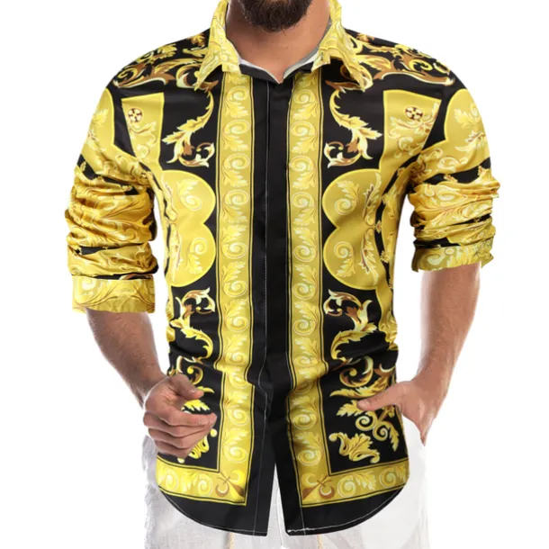 Men's Shirt Prom Shirt Geometric Holiday Beach Yellow Orange Gold Long Sleeve Classic Collar Spring & Fall Clothing Apparel Print