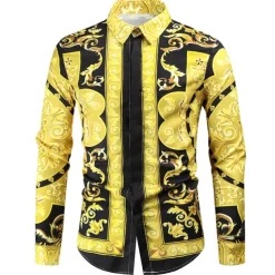 Men's Shirt Prom Shirt Geometric Holiday Beach Yellow Orange Gold Long Sleeve Classic Collar Spring & Fall Clothing Apparel Print