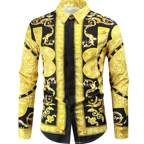 Men's Shirt Prom Shirt Geometric Holiday Beach Yellow Orange Gold Long Sleeve Classic Collar Spring & Fall Clothing Apparel Print