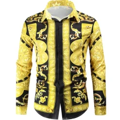Men's Shirt Prom Shirt Geometric Holiday Beach Yellow Orange Gold Long Sleeve Classic Collar Spring & Fall Clothing Apparel Print