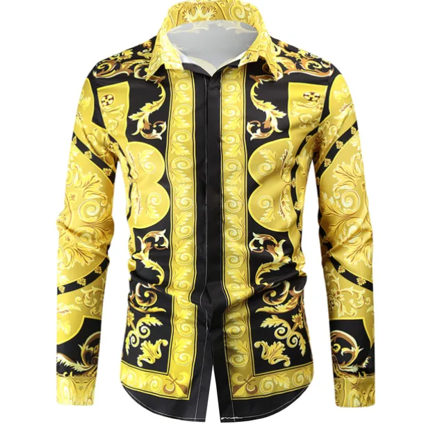 Men's Shirt Prom Shirt Geometric Holiday Beach Yellow Orange Gold Long Sleeve Classic Collar Spring & Fall Clothing Apparel Print