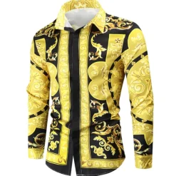 Men's Shirt Prom Shirt Geometric Holiday Beach Yellow Orange Gold Long Sleeve Classic Collar Spring & Fall Clothing Apparel Print