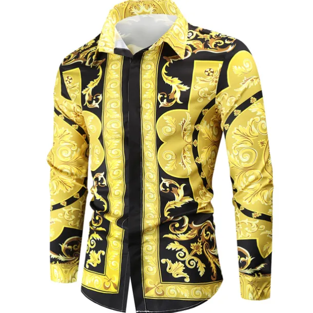 Men's Shirt Prom Shirt Geometric Holiday Beach Yellow Orange Gold Long Sleeve Classic Collar Spring & Fall Clothing Apparel Print