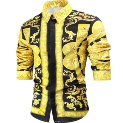 Men's Shirt Prom Shirt Geometric Holiday Beach Yellow Orange Gold Long Sleeve Classic Collar Spring & Fall Clothing Apparel Print