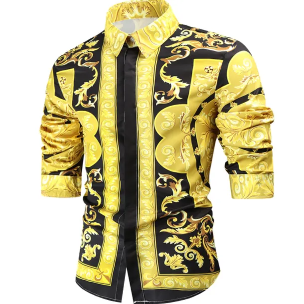 Men's Shirt Prom Shirt Geometric Holiday Beach Yellow Orange Gold Long Sleeve Classic Collar Spring & Fall Clothing Apparel Print