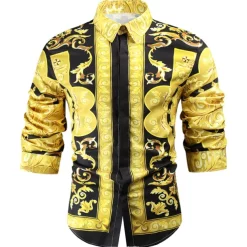 Men's Shirt Prom Shirt Geometric Holiday Beach Yellow Orange Gold Long Sleeve Classic Collar Spring & Fall Clothing Apparel Print