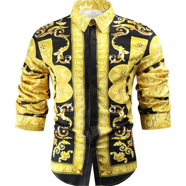 Men's Shirt Prom Shirt Geometric Holiday Beach Yellow Orange Gold Long Sleeve Classic Collar Spring & Fall Clothing Apparel Print