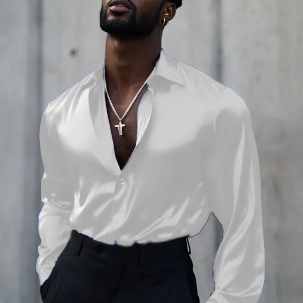Men's Shirt Satin Shirt Casual Shirt Button Up Shirt Plain Wedding Vacation Black White Wine Blue Long Sleeve Lapel Spring & Fall Clothing Apparel Buttons