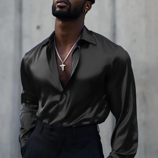 Men's Shirt Satin Shirt Casual Shirt Button Up Shirt Plain Wedding Vacation Black White Wine Blue Long Sleeve Lapel Spring & Fall Clothing Apparel Buttons