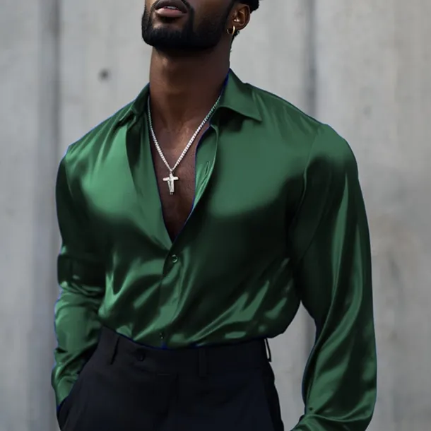 Men's Shirt Satin Shirt Casual Shirt Button Up Shirt Plain Wedding Vacation Black White Wine Blue Long Sleeve Lapel Spring & Fall Clothing Apparel Buttons