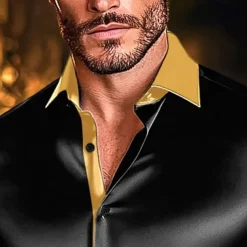Men's Shirt Satin Shirt Casual Shirt Button Up Shirt Disco Shirt Patchwork Performance Wedding Black White Wine Green Long Sleeve Lapel Spring & Fall Clothing Apparel Patchwork