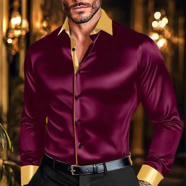 Men's Shirt Satin Shirt Casual Shirt Button Up Shirt Disco Shirt Patchwork Performance Wedding Black White Wine Green Long Sleeve Lapel Spring & Fall Clothing Apparel Patchwork