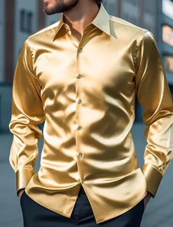 Men's Shirt Satin Shirt Casual Shirt Button Up Shirt Black Yellow Blue Red Light Grey Long Sleeve Plain Lapel Vacation Daily Clothing Apparel Fashion Casual Comfortable