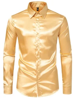 Men's Shirt Satin Shirt Casual Shirt Button Up Shirt Black Yellow Blue Red Light Grey Long Sleeve Plain Lapel Vacation Daily Clothing Apparel Fashion Casual Comfortable